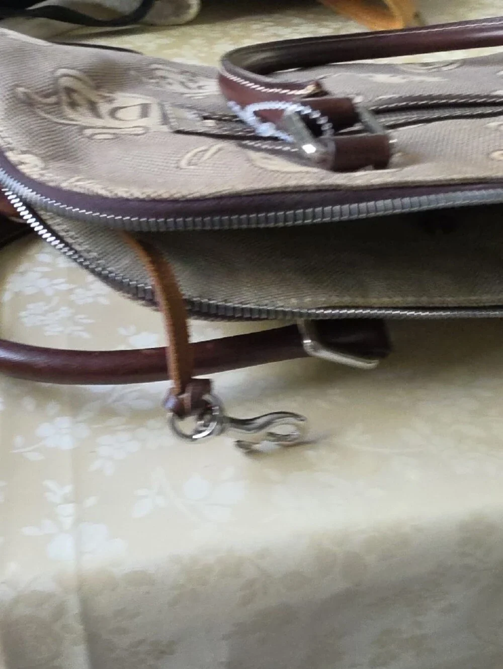 DB Patterned Canvas Satchel with Brown Leather Trim